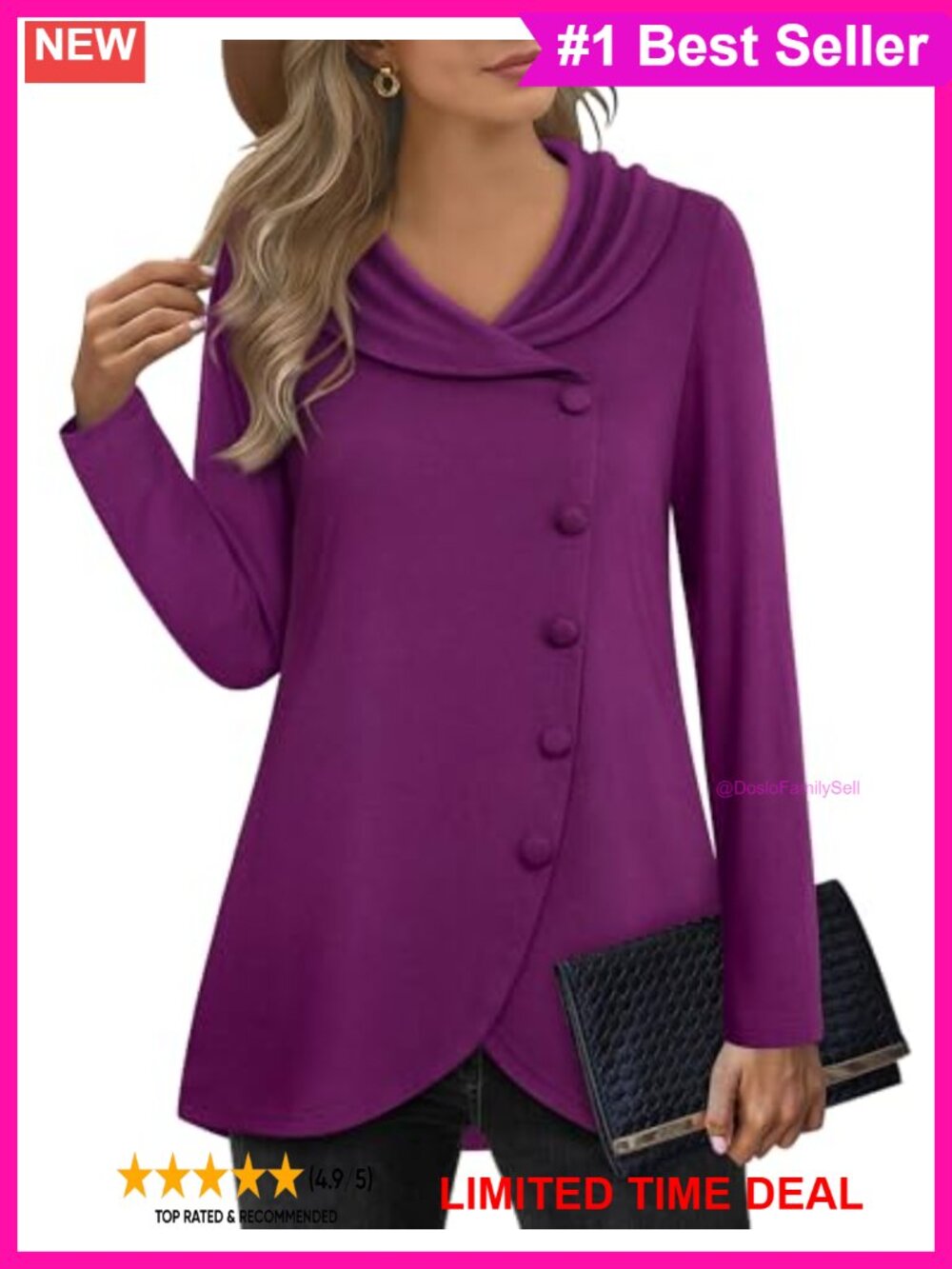 Womens Long Sleeve Tunic Top Button Side Tulip Hem Shawl Collar Pullover